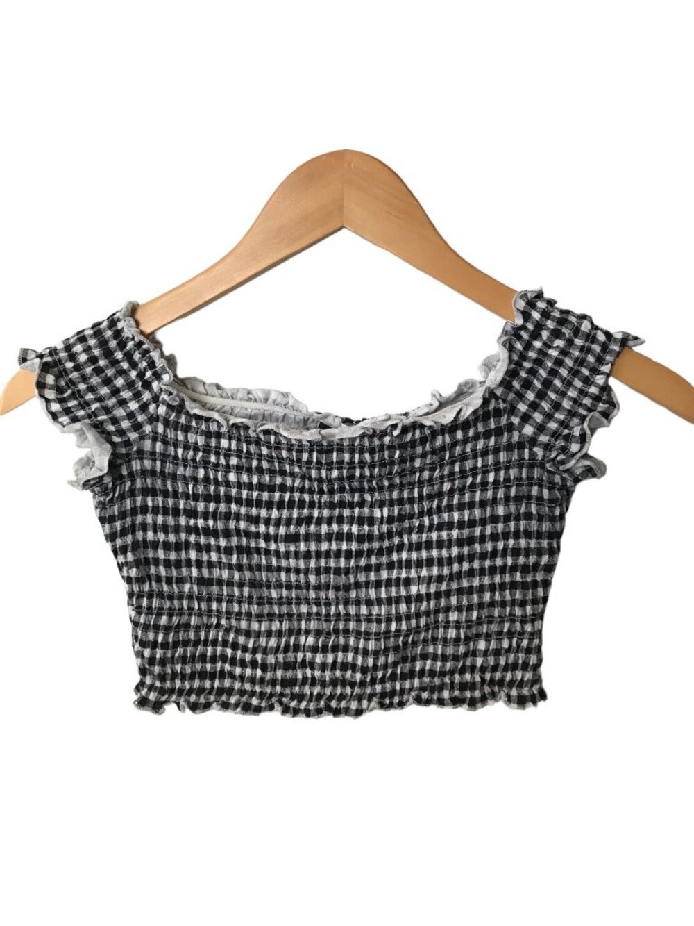Gingham Cropped Top S Black White Smocked Milkmaid Peasant Boho Retro 90s Y2K